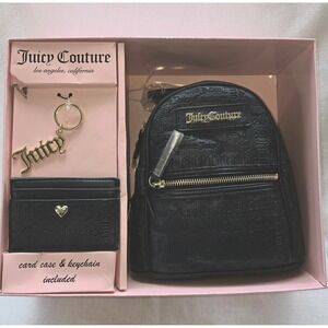 Juicy Couture Black Embossed Mini Backpack Gift Set with Card Case and Keychain